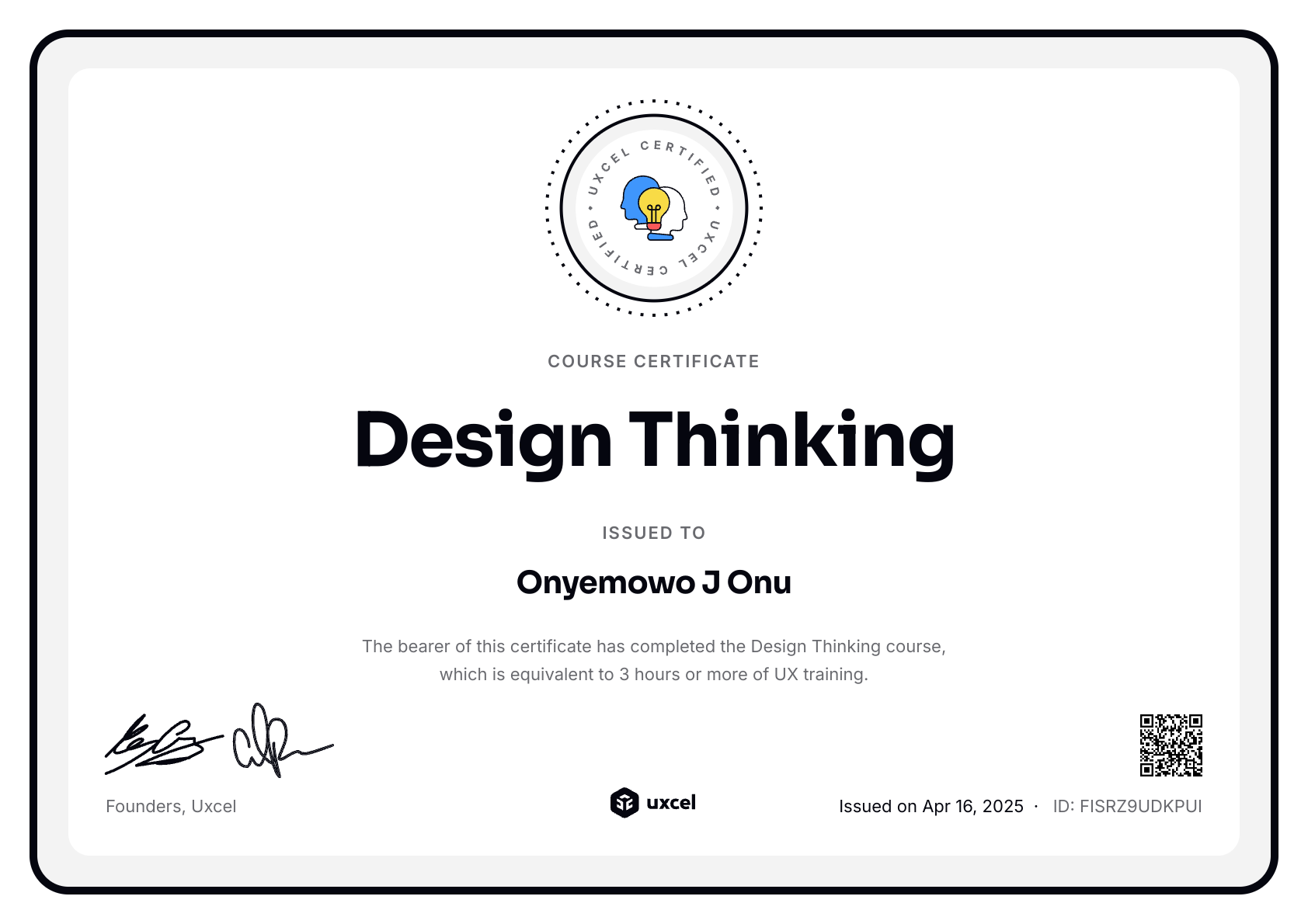 Onyemowo J Onu's certificate